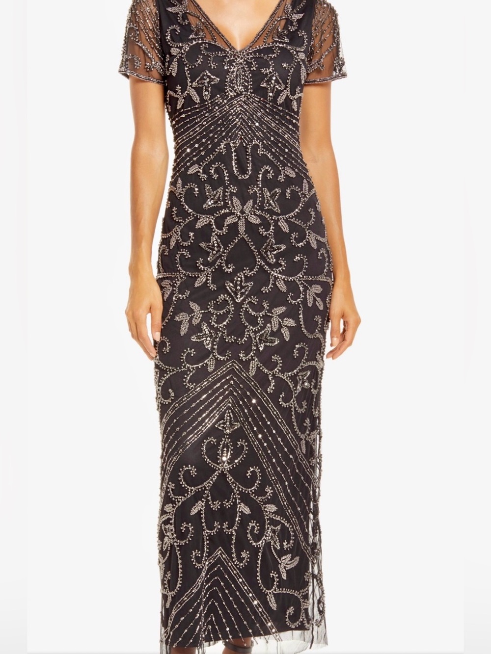 Pizarro Nights $268. Black Intricate Beading & Sequin Mesh Column Gown size 4